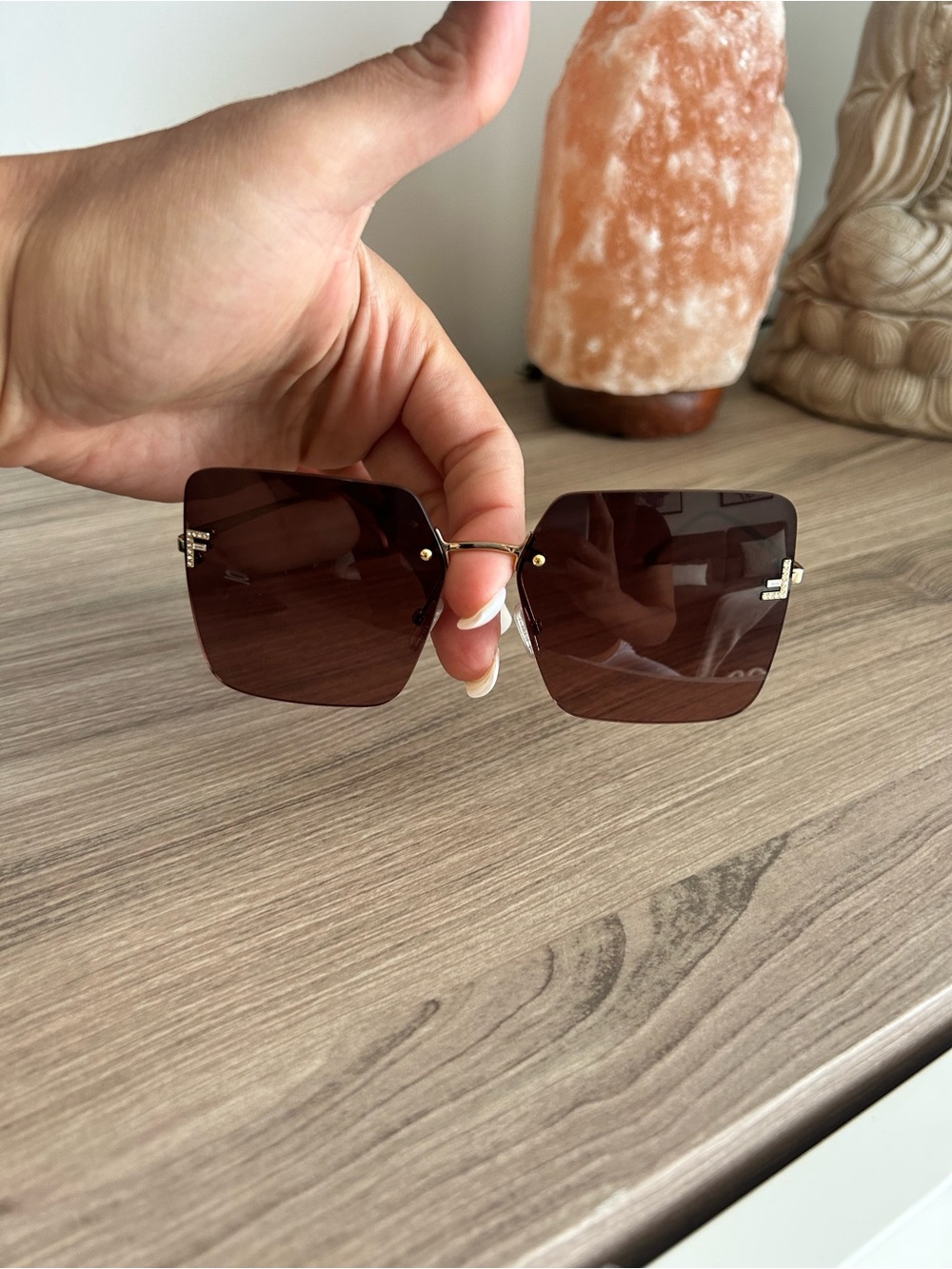 Rimless Square Brown Sunglasses with Gold Accents